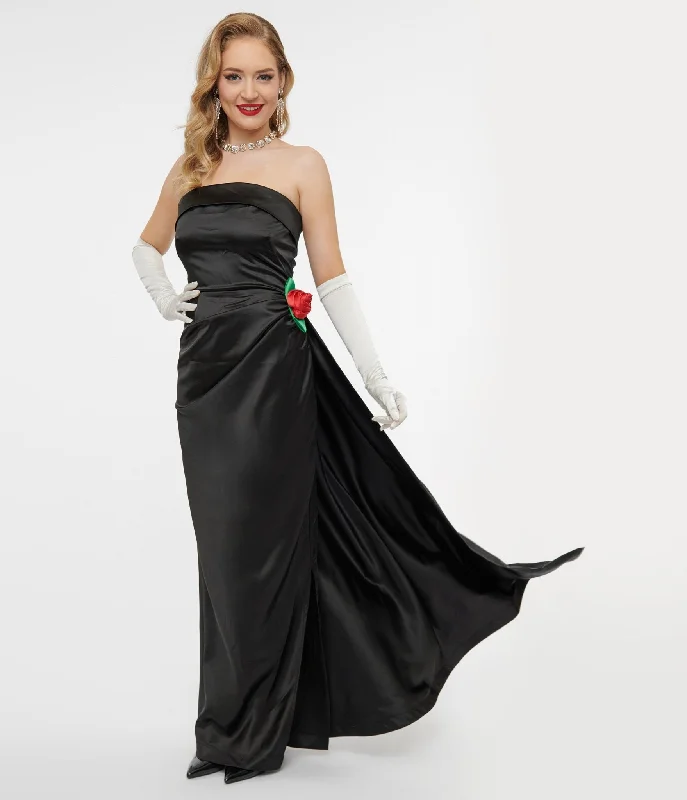 Unique Vintage 1950s Black Satin Strapless Enchanted Evening Gown