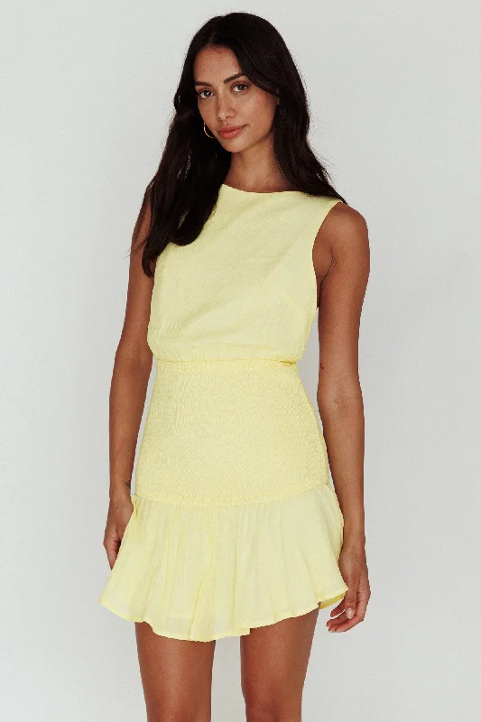 Antonine Elasticated Straps Shirred Waist Mini Dress Lemon