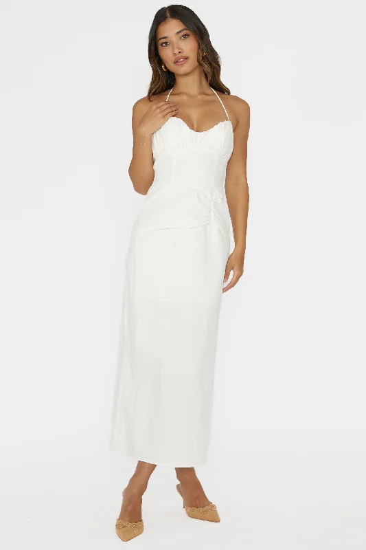 Arielle Gathered Bust Halterneck Midi Dress White