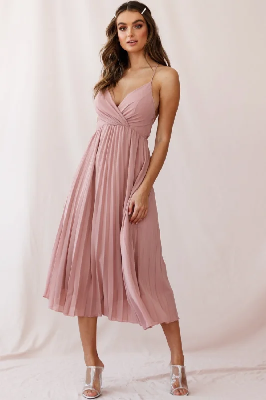 Artemis Accordion Pleat Strappy Back Midi Dress Blush