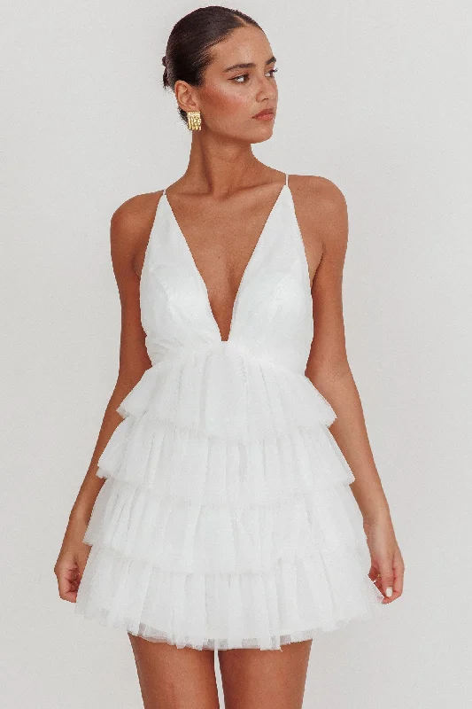 Auguste Tiered Ruffle Tulle Mini Dress White