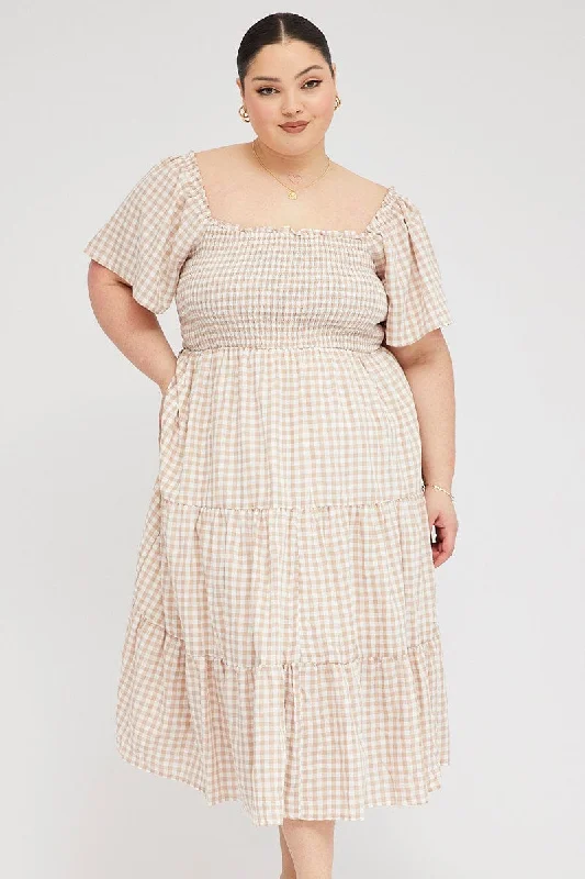 Beige Check Midi Dress Short Sleeve Shirred