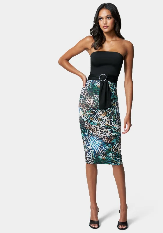 Belted Strapless Printed Midi