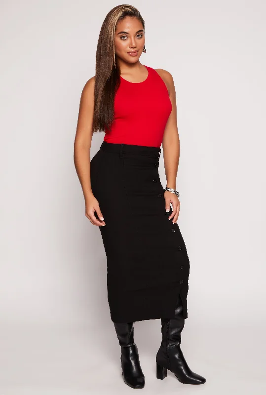 Hyperstretch Button Detail Slit Hem Skirt