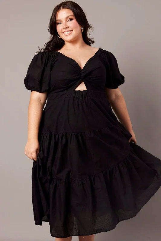 Black Maxi Dress Short Sleeve Tiered Twist Front