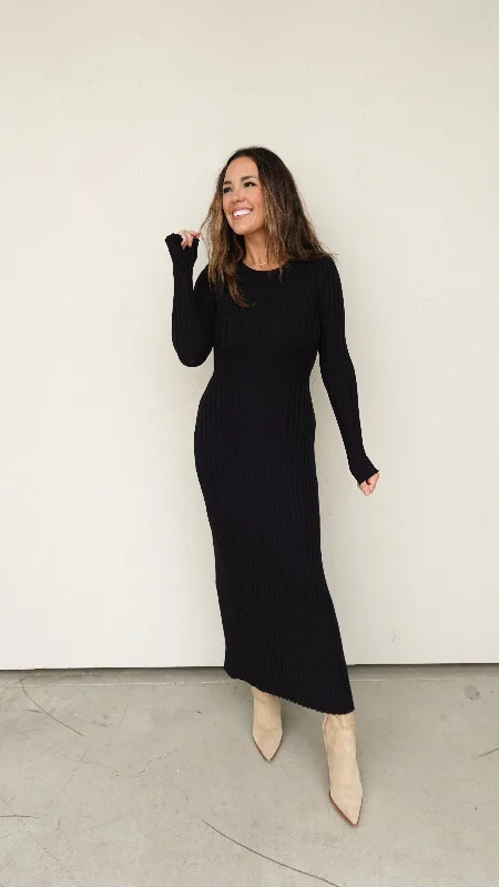 Black Pleated Stretch-Knit Maxi Dress