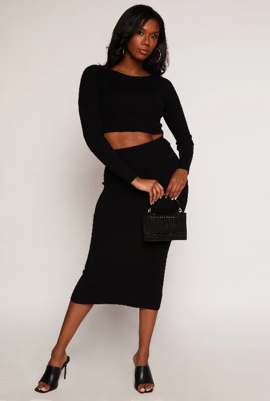 Ribbed Knit Slit Back Pencil Skirt