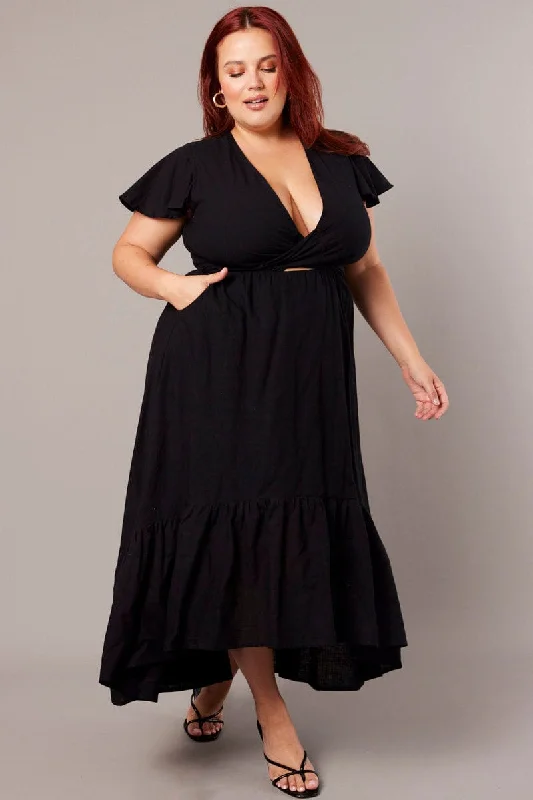 Black Tie Front Flare Sleeve Midi Dress