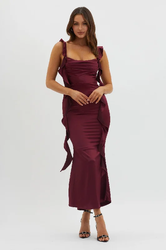 Blushing Ruffle Trim Midi Dress Wine