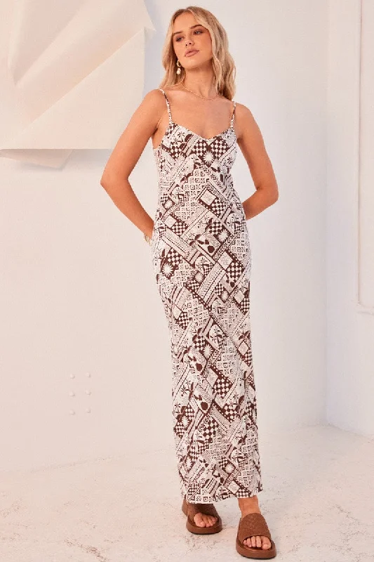 Brown Abstract Maxi Dress Bias Cut Linen Blend