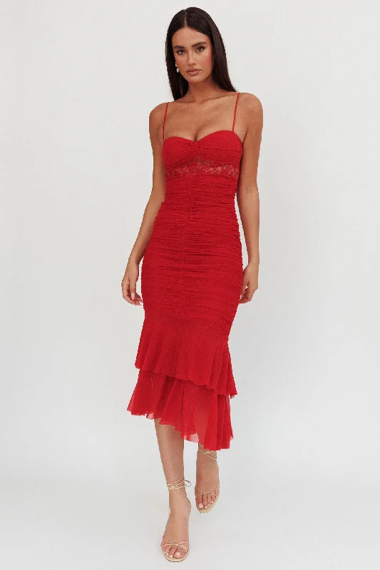 Cherubim Lace Insert Ruched Midi Dress Red