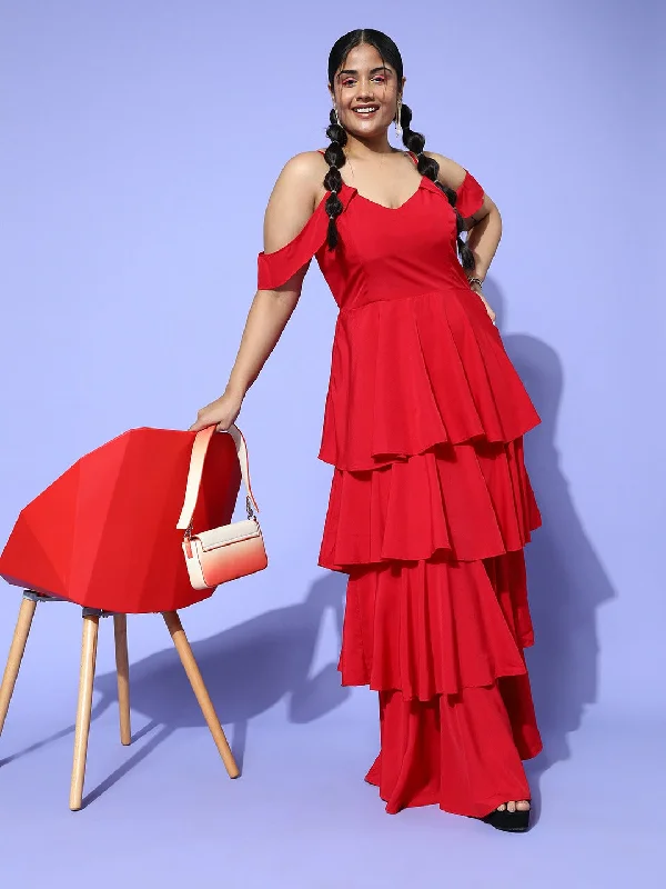 Berrylush Women Plus Size Solid Red V-Neck Cold-Shoulder Sleeves Flounce Hem Layered A-Line Maxi Dress