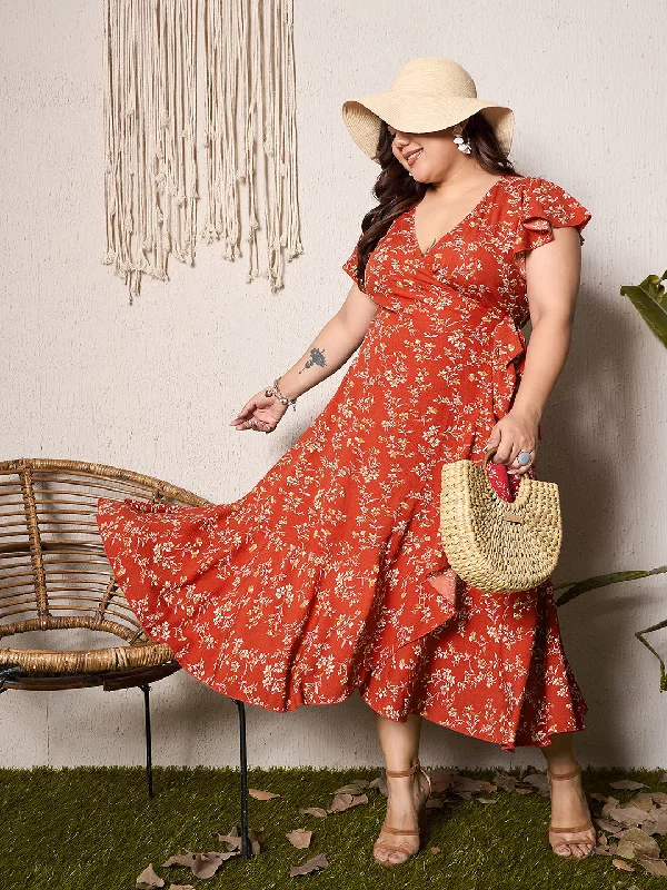 Berrylush Curve Women Red & White Floral Printed V-Neck Flutter Sleeves Wrap Ruffled Midi Dress