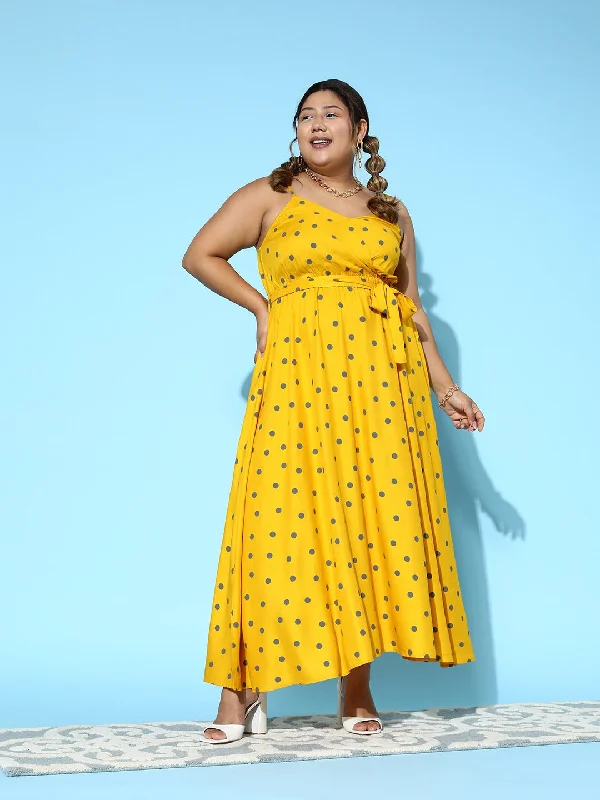 Berrylush Women Plus Size Yellow & Grey Polka Dot Printed Sweetheart Neck Sleeveless Cotton Flared Wrap Maxi Dress