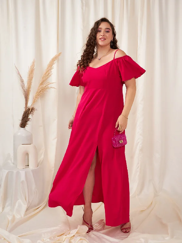 Berrylush Women Plus Size Solid Pink Off-Shoulder Neck Cold-Shoulder Sleeve Thigh-High Slit Flared Maxi Dress