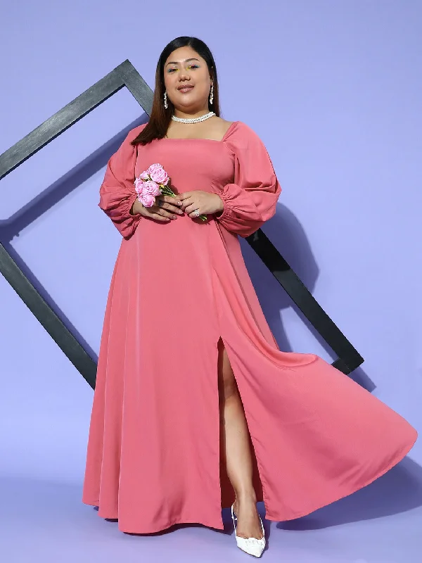 Berrylush Women Plus Size Solid Pink Square Neck Crepe Zipper-Up Thigh-High Slit Fit & Flare Maxi Dress