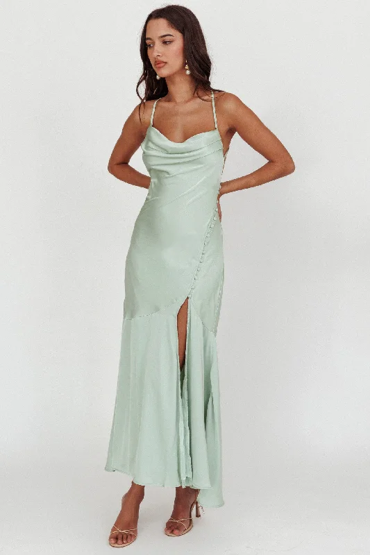 Elpis Cowl Button Satin Maxi Dress Mint