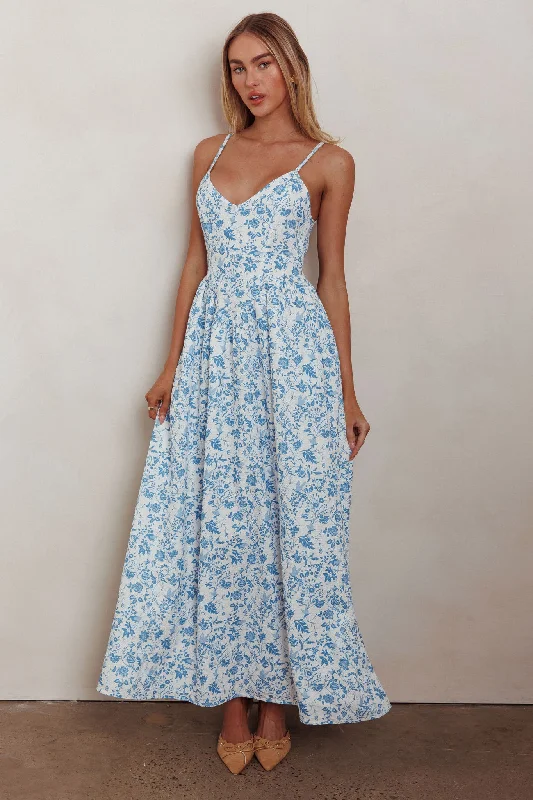 Enchanted Leaf Floral Print A-Line Maxi Dress Blue