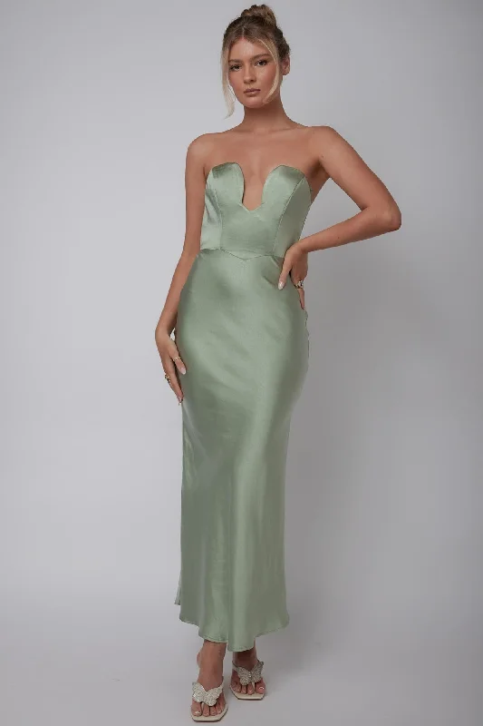 Encore Strapless Satin Maxi Dress Olive