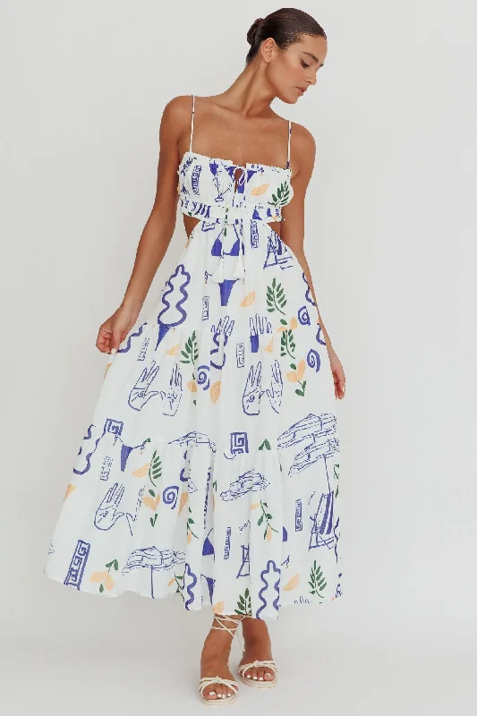 Eyona Cut-Out Back Print Maxi Dress White