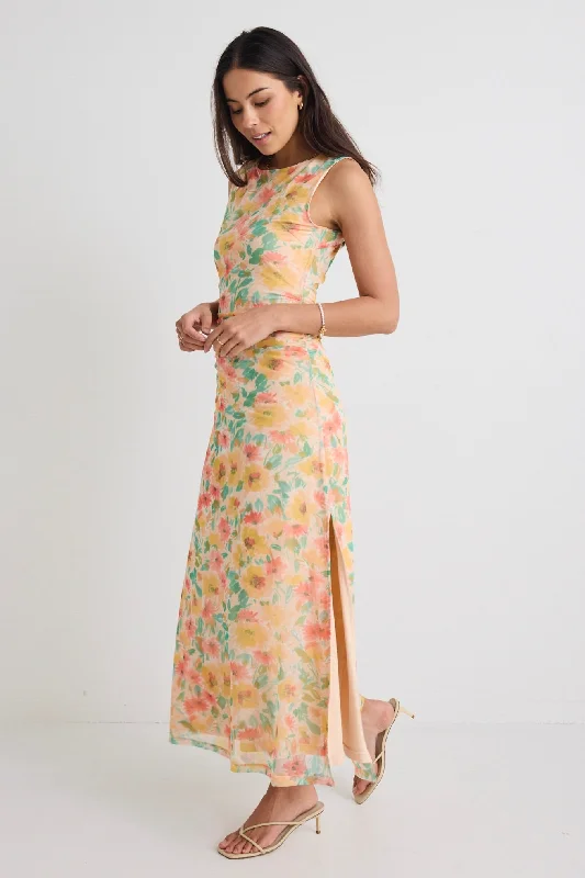 Fast Golden Floral Mesh Boat Neck Sleeveless Maxi Dress