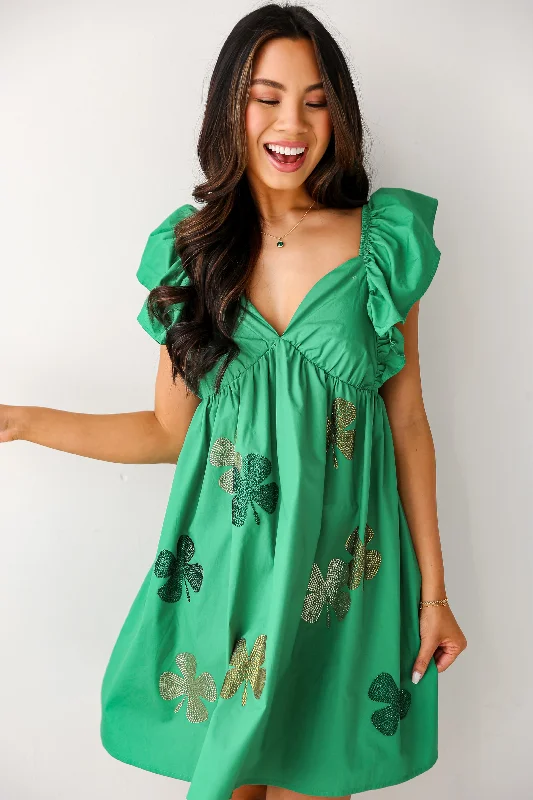 Feeling Lucky Green Rhinestone Four Leaf Clover Mini Dress