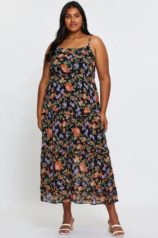 Floral Print Maxi Dress Square Neck Sleeveless