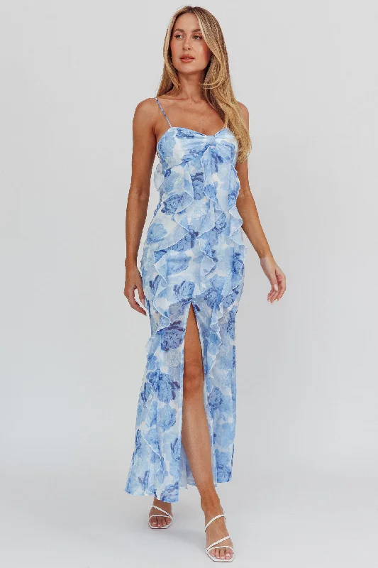 Frannie Vertical Ruffle Maxi Dress Floral Blue