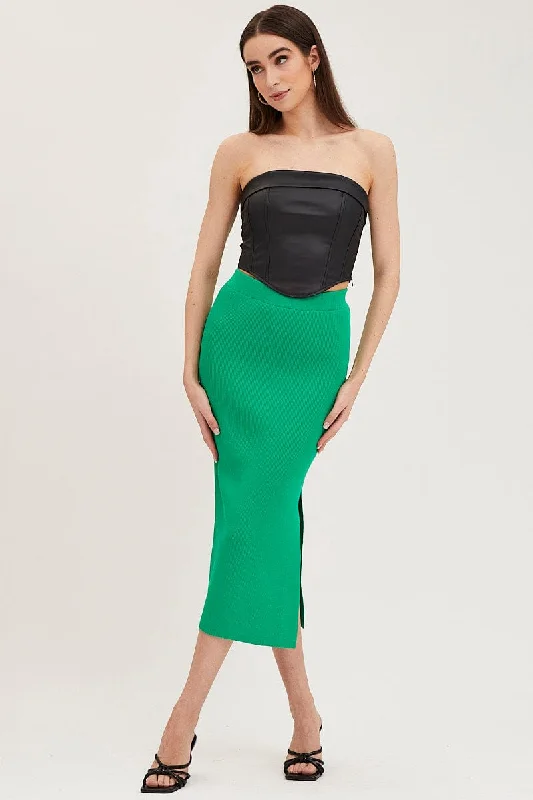 Green Knit Skirt Midi Side Split