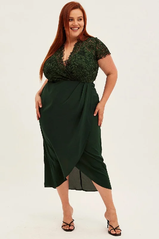 Green Midi Dress Short Sleeve Lace Top