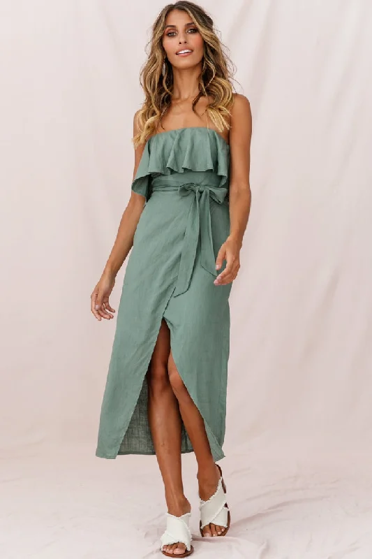 Hamilton Bandeau Ruffle Midi Dress Olive