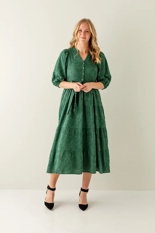 'Holly' Textured Button Front Tiered Maxi Dress in Hunter Green