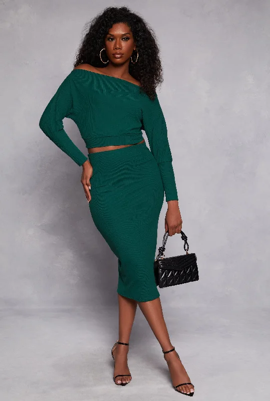 Ribbed Knit Pencil Midi Skirt