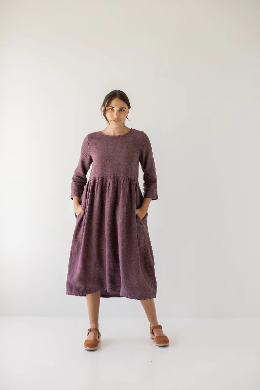 'Joan' Organic Linen Quarter Sleeve Midi Dress in Dusty Purple FINAL SALE