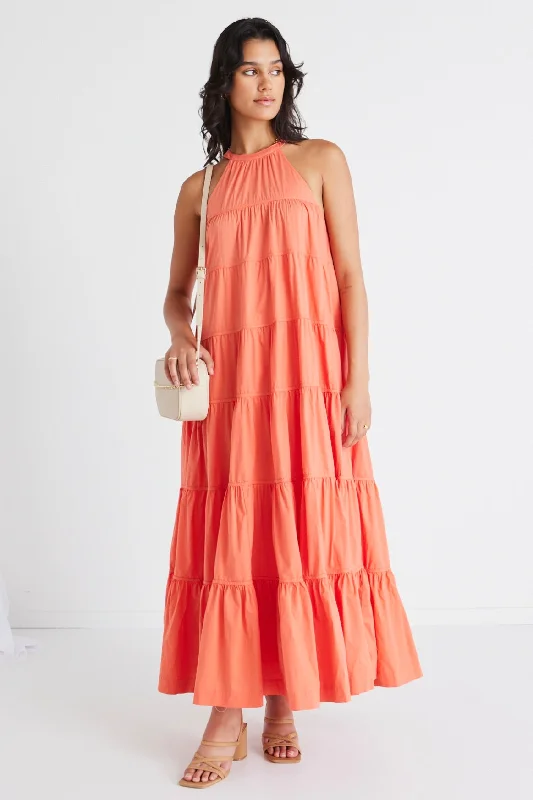 Kaye Watermelon Sleeveless High Neck Tiered Maxi Dress