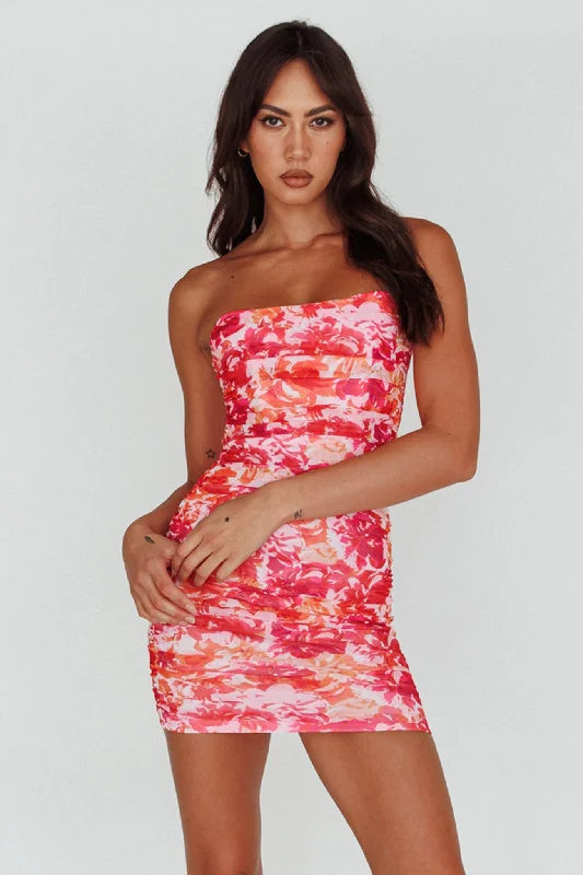 Logan Strapless Ruched Dress Floral Pink/Orange