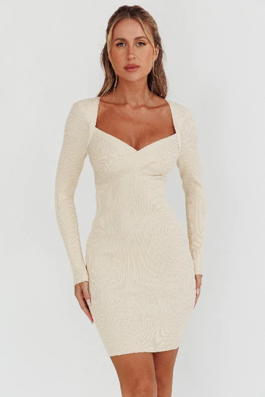 Maribeth Long Sleeve Ribbed Knit Mini Dress Cream