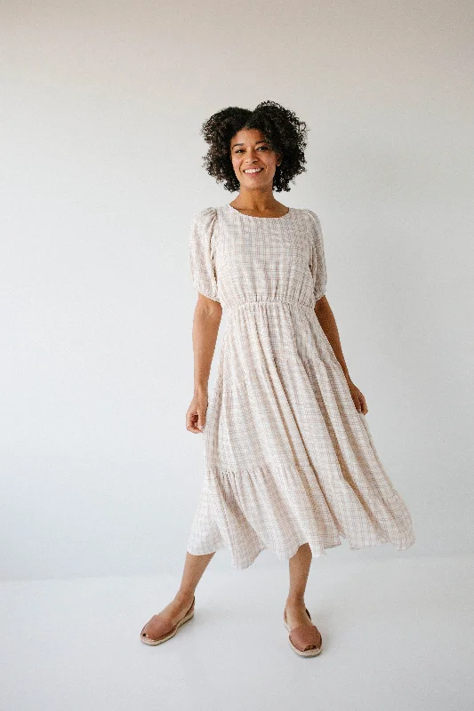 'Nightingale' Taupe Check Tiered Midi Dress in Ivory FINAL SALE