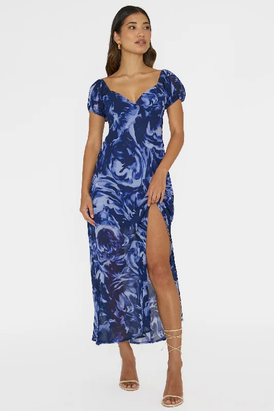 Park Avenue Puff Sleeve Midi Dress Print Blue