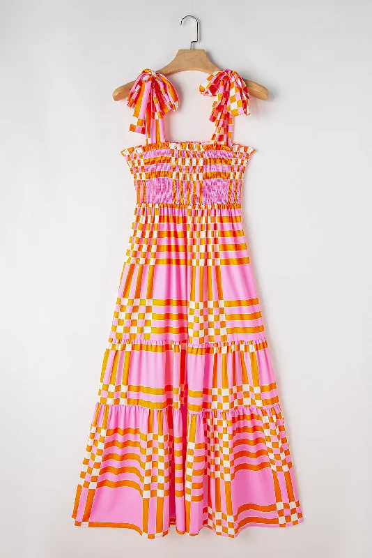 Boho Gingham Tied Straps Smocked Maxi Dress