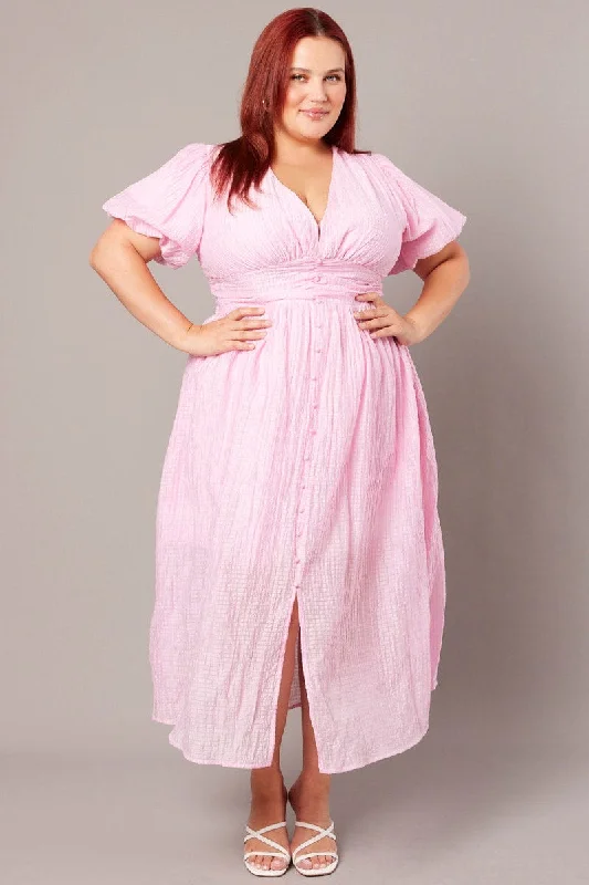 Pink Midi Dress Short Sleeve V-neck