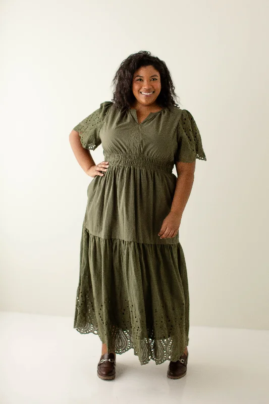 Plus 'Georgina' Eyelet Detail Smocked Waist Maxi Dress in Olive