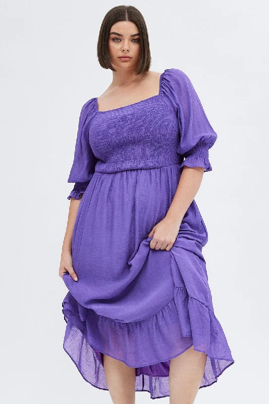 Purple Maxi Dress Half Sleeve Shirred