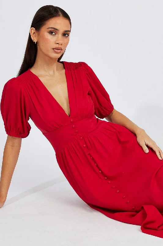 Red Midi Dress Puff Sleeve