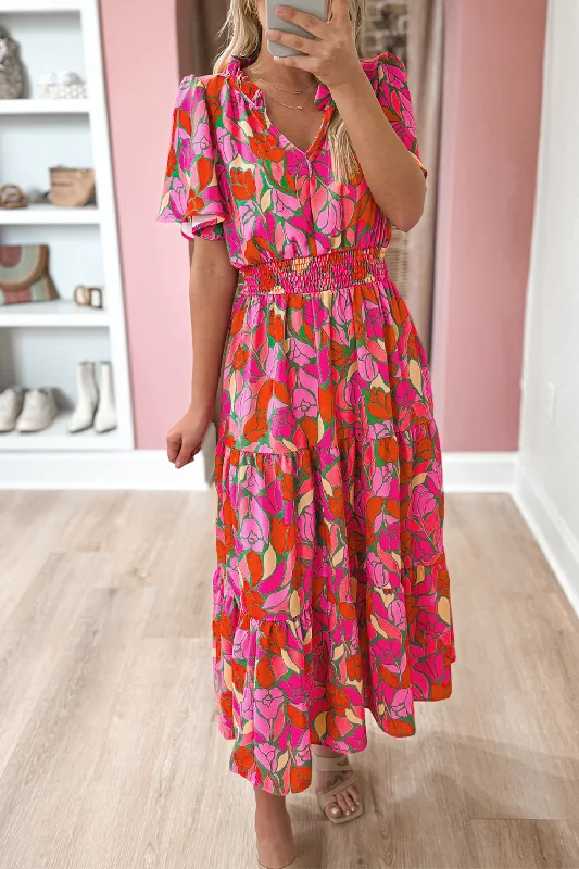 Floral Short Sleeve Smocked Waist Maxi dress