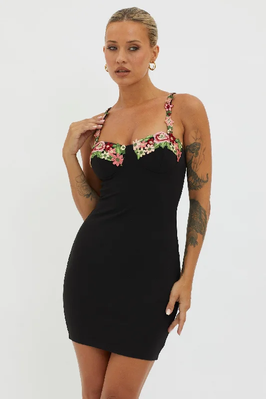 Rose Garden Floral Applique Bodycon Mini Dress Black