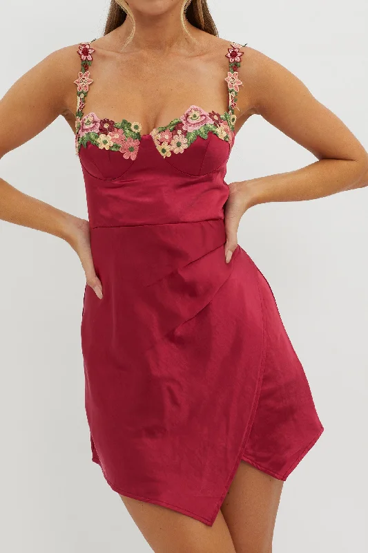 Rose Garden Floral Applique Wrap Mini Dress Merlot