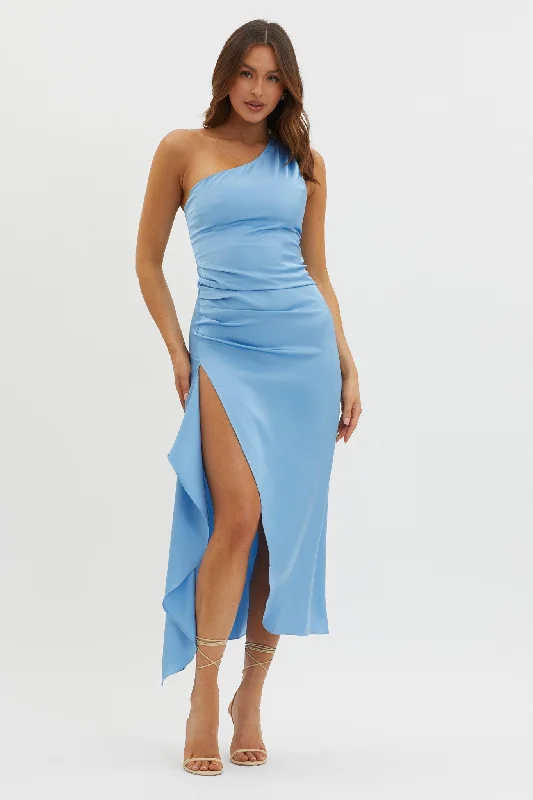 Salut One-Shoulder Midi Dress Slate Blue