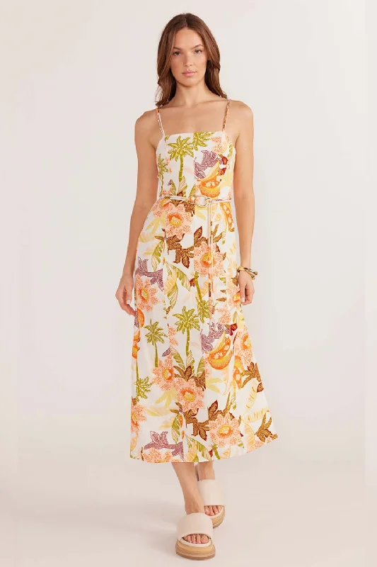 Sarai Cream Tropical Belted Linen Midi Dress