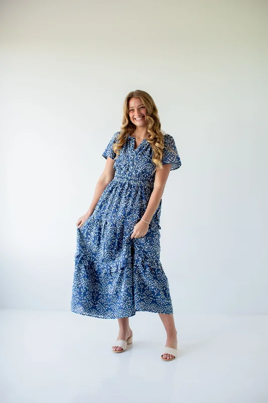 'Selena' Eyelet Poplin Tiered Maxi Dress in Deep Blue FINAL SALE